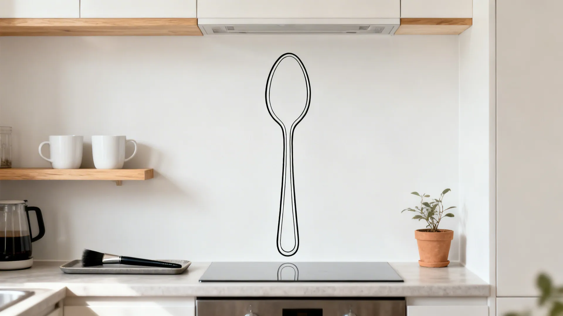 A clean monoline spoon outline painted on a white kitchen wall beside a coffee nook.