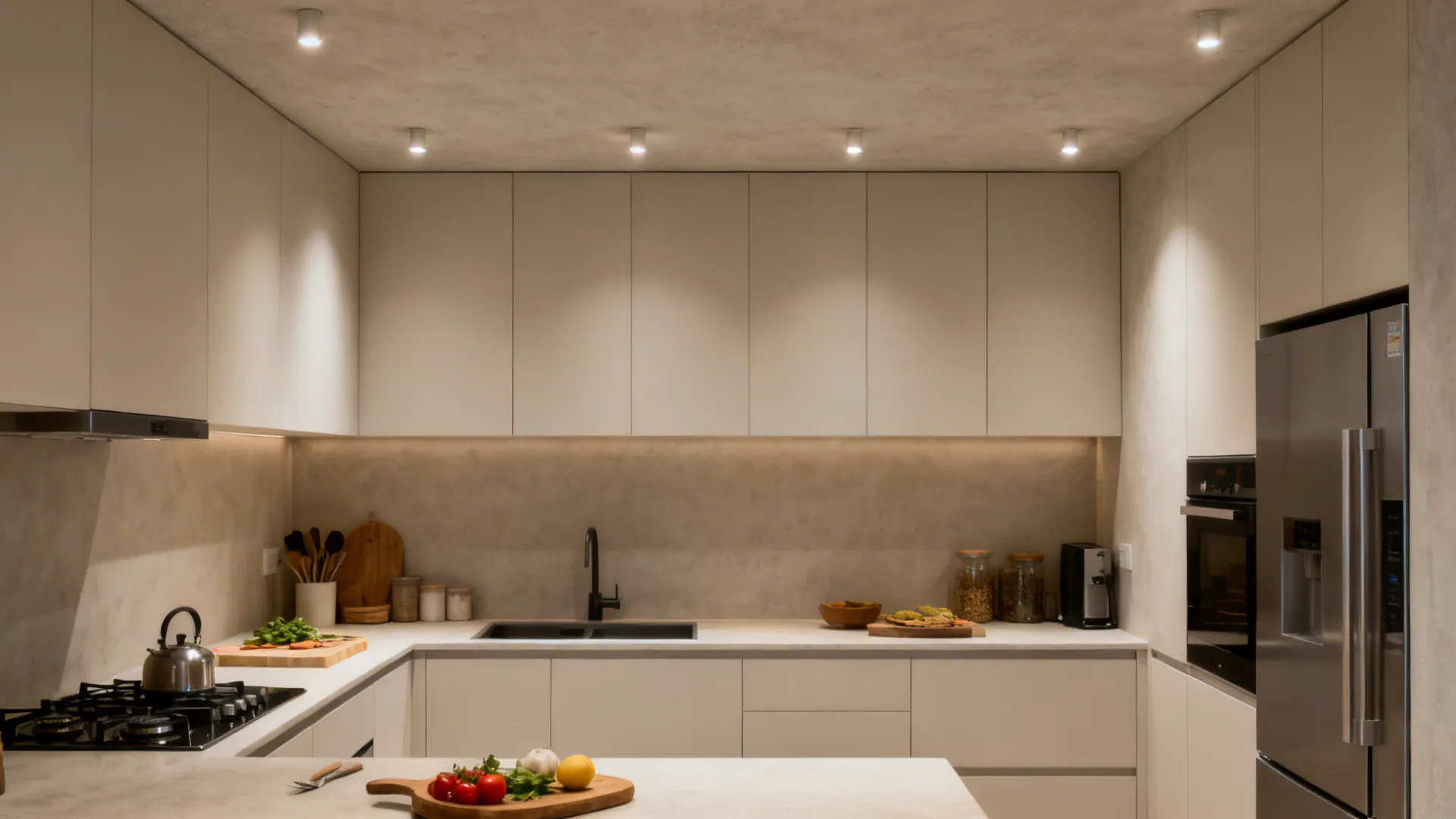 Compact kitchen with a monolithic plaster ceiling and recessed task lights aligned over work areas.