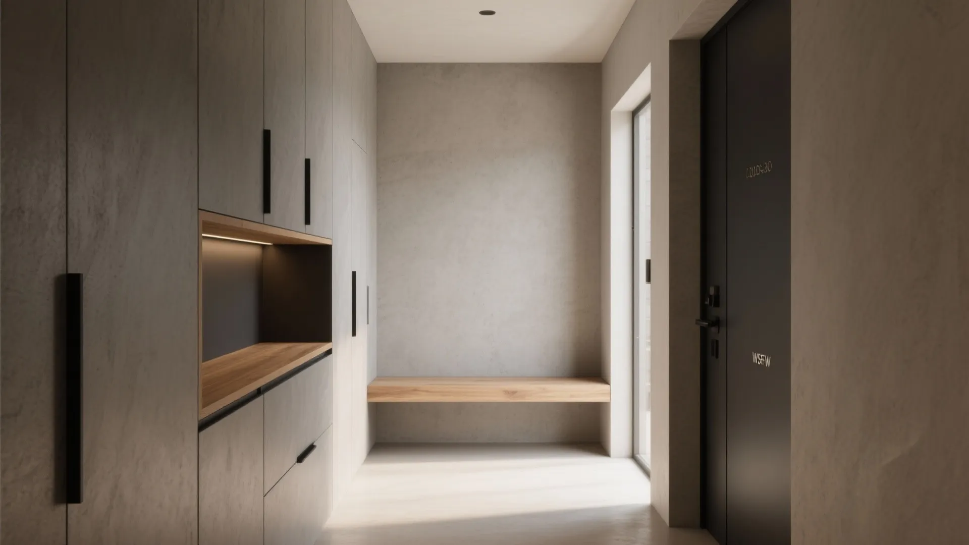 Minimalist hallway with grey wall cabinets, a wooden bench, black door, and soft interior lighting