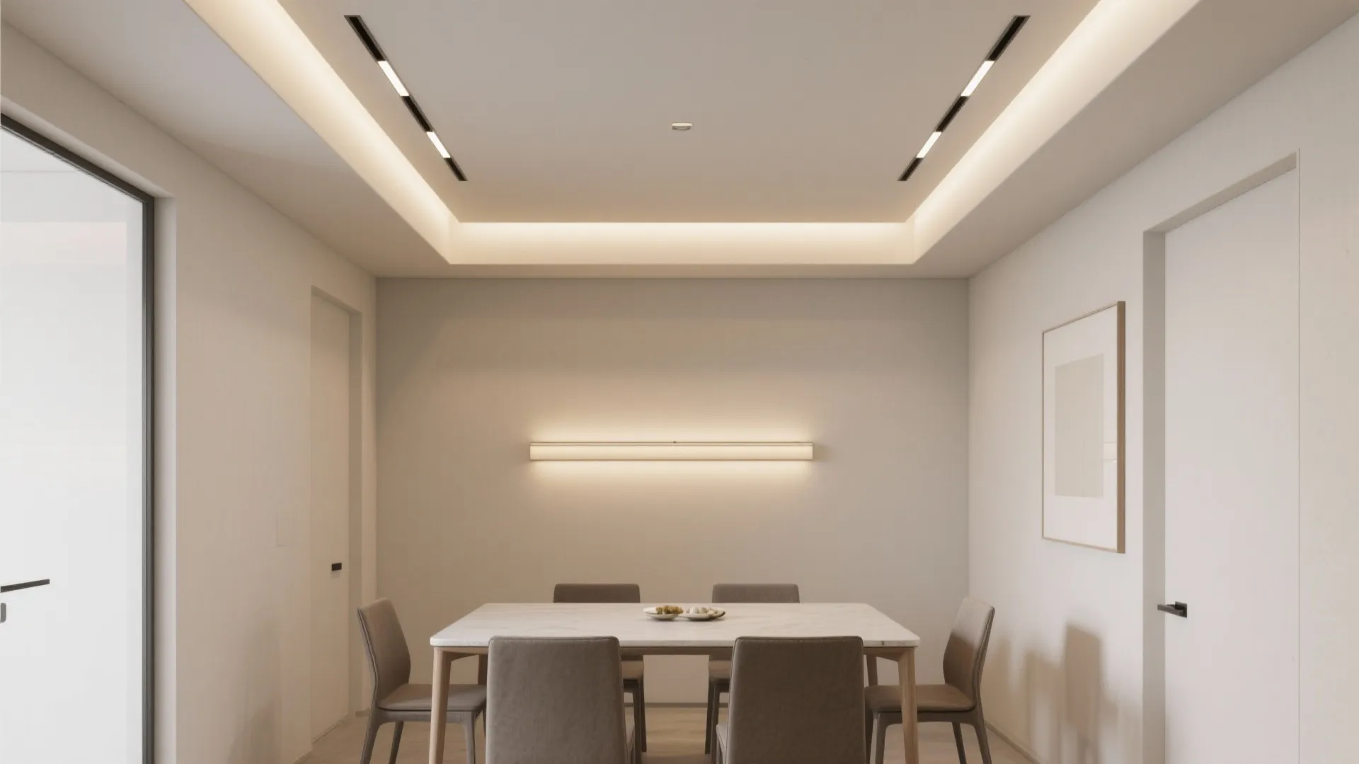 Minimalist dining room with marble table grey chairs white walls wall light and recessed ceiling light