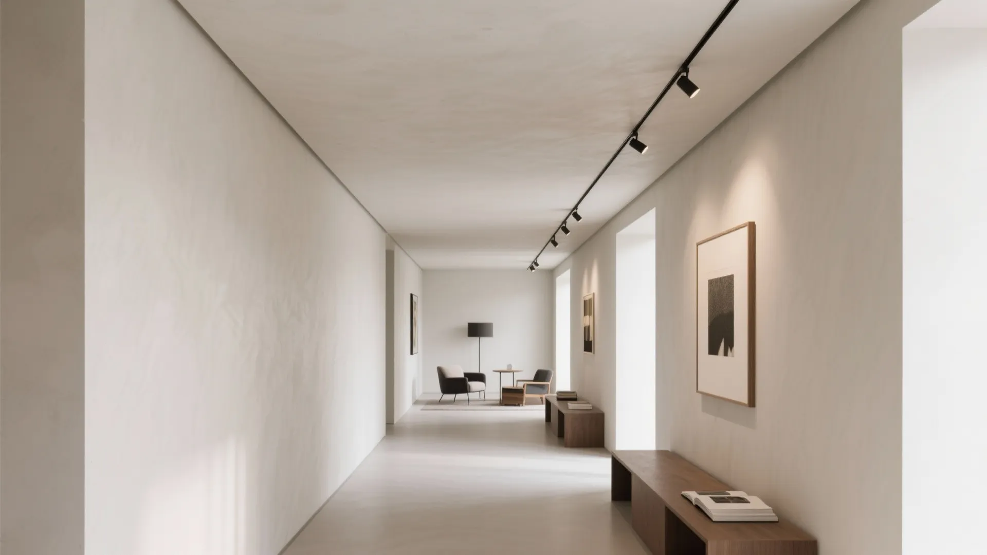 2) Monolithic plaster plane with micro-bevel and integrated track