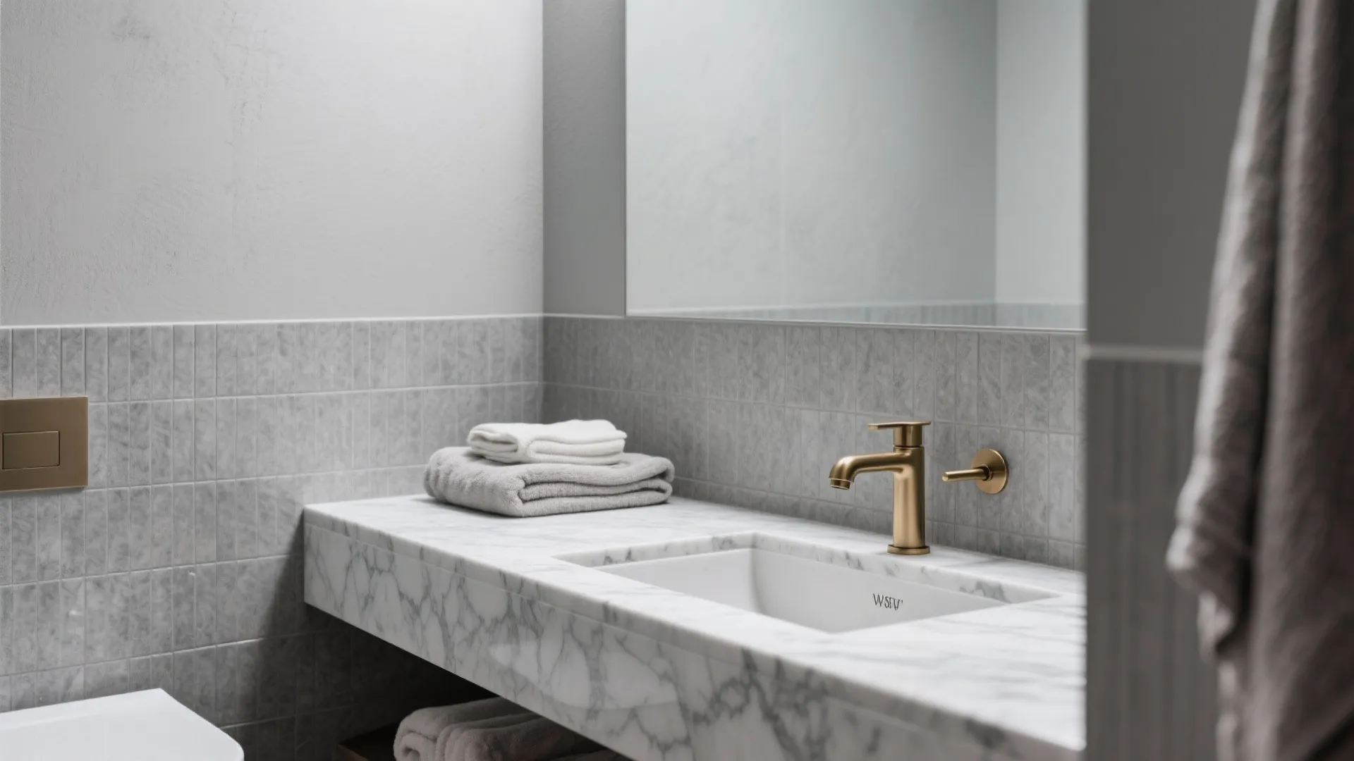 Spa-like small bathroom with mid-tone grey quartz and textured matte grey walls and brass accents.