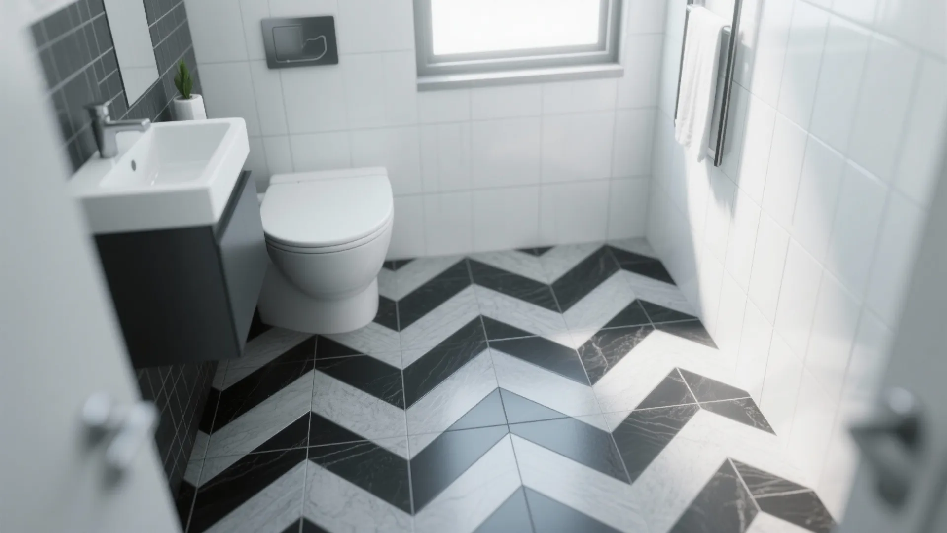 Modern bathroom featuring black and white zigzag floor tiles with white sink and white toilet