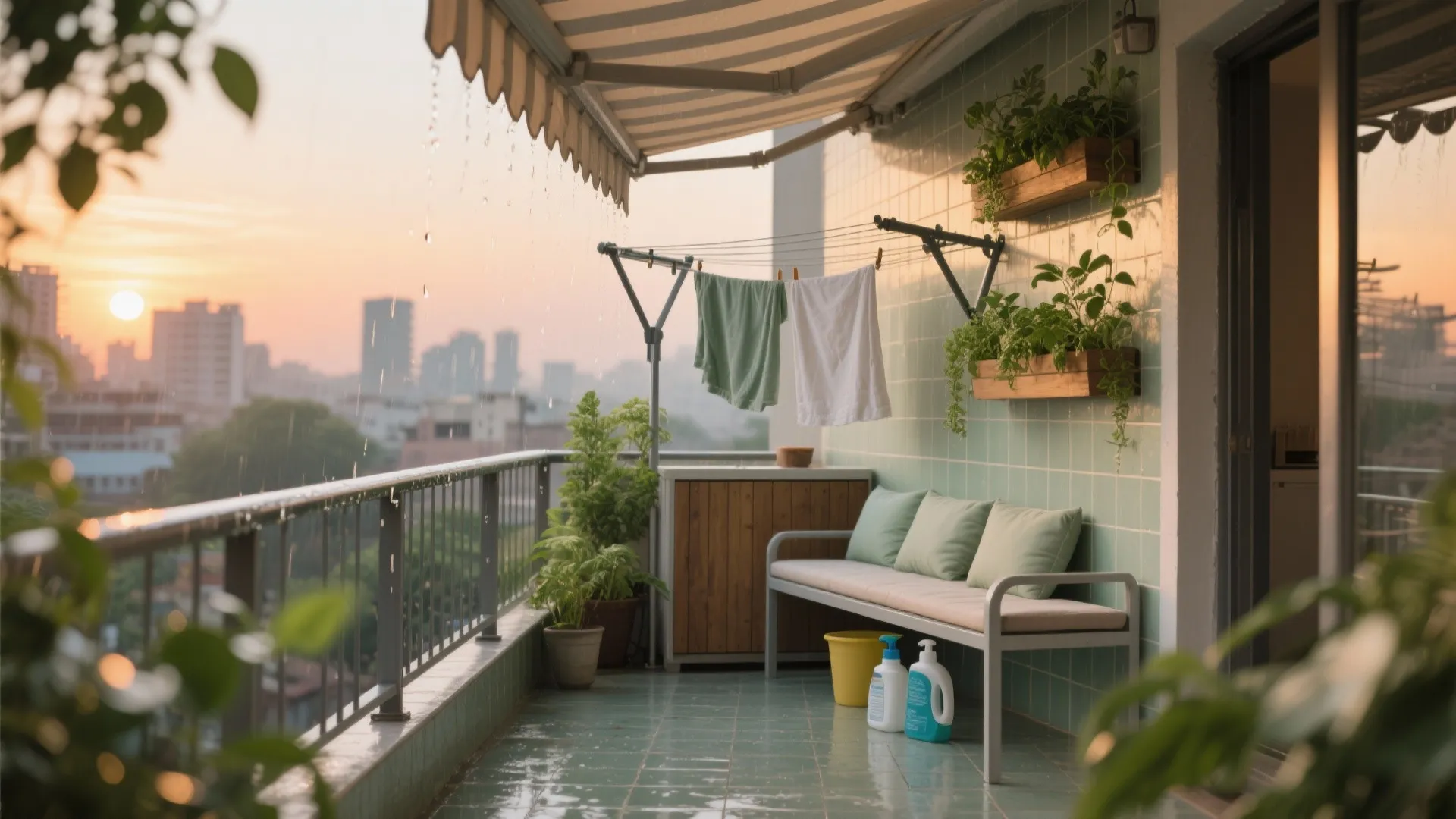 Weather-smart Pune balcony with planter wall, foldable laundry line, slim storage bench, retractable awning, and anti-skid tiles.