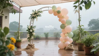 Rainy Day Outdoor Wedding Decor with Pastel Balloons & Greenery