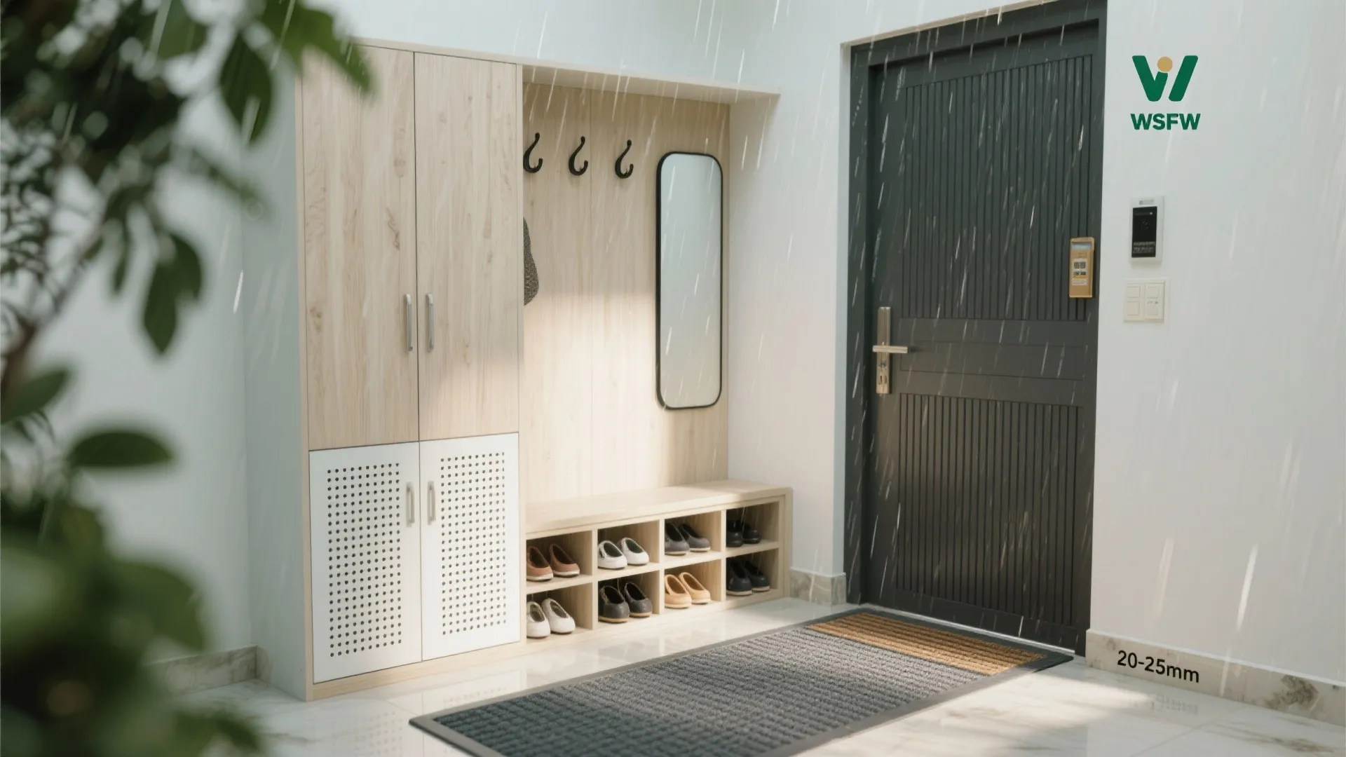 Monsoon-smart entryway with shoe storage, seating, and easy-clean finishes