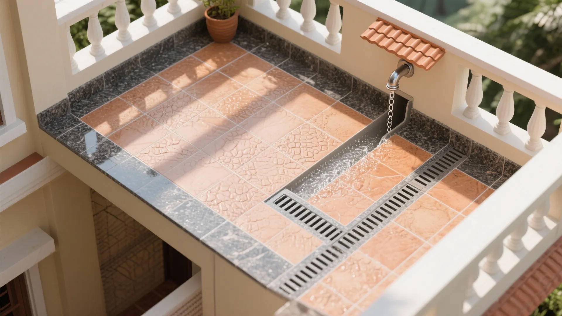 Outdoor balcony floor with orange non-slip tiles and a water drainage system for heavy rain