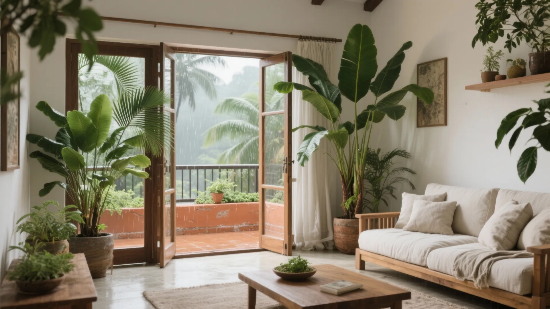 Tropical living room with many green plants open glass doors raining outside and white wooden sofa