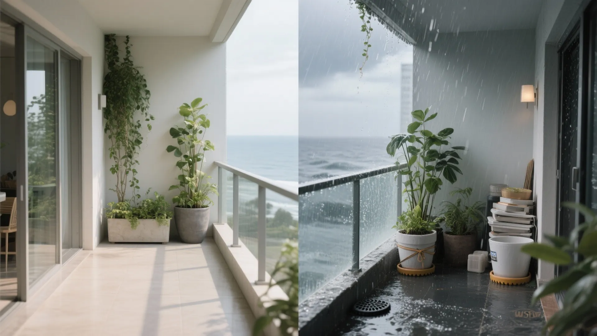 Before-after of Chennai balcony layout showing normal setup and storm-ready mode with splash guard and secured pots.