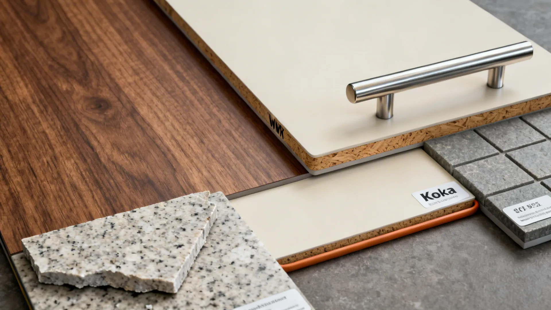 Flat lay of walnut laminate, ivory laminate, quartz, Kota stone, and stainless hardware for a humid climate.