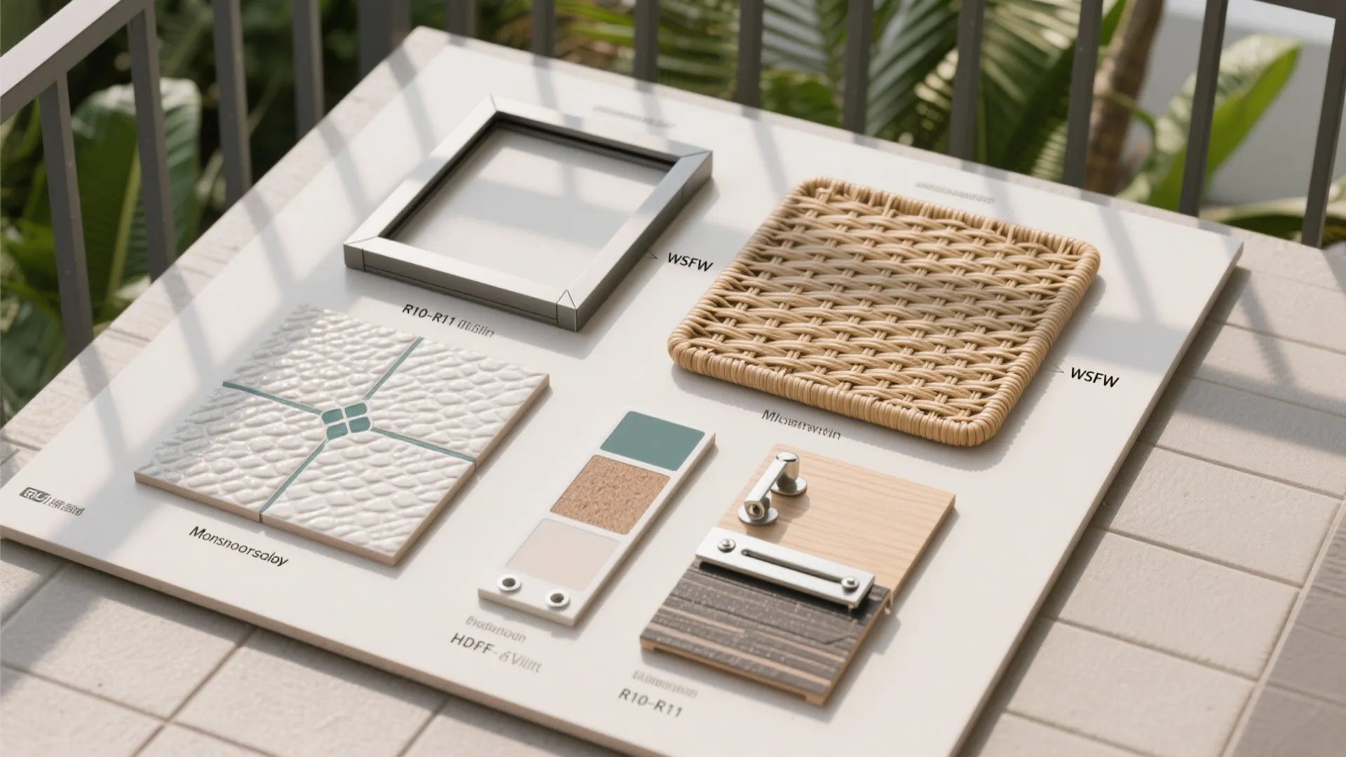 Interior design material board with floor tiles wood samples metal frame and woven rattan piece