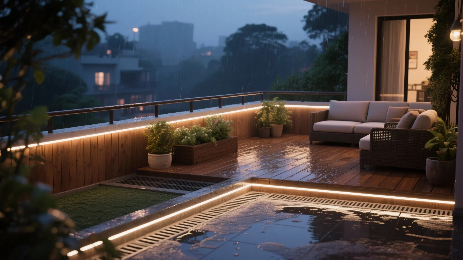 Modern outdoor terrace with sofa and glowing floor lights under rain at night with city view