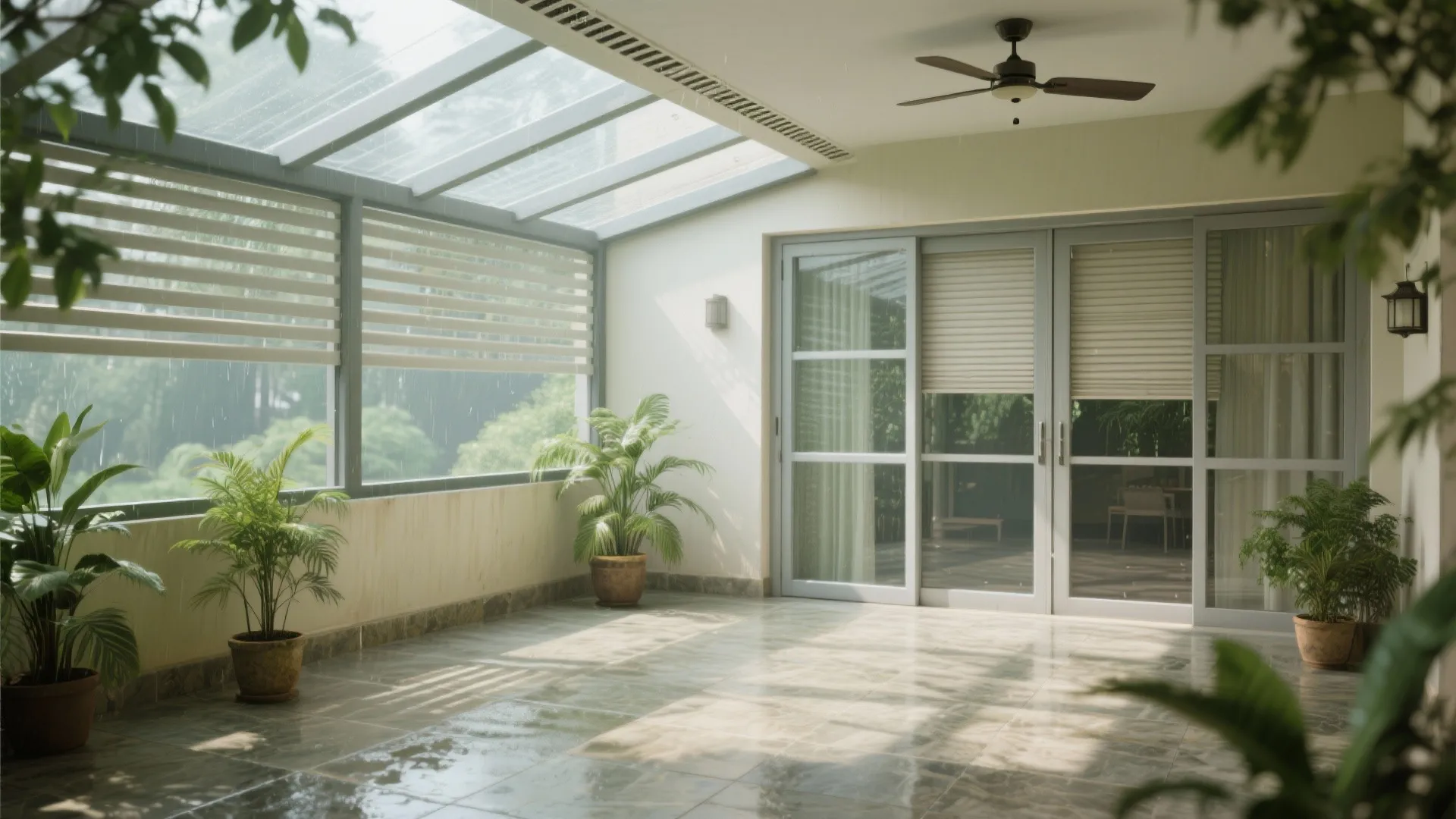 Modern sunroom with glass roof, ceiling fan, potted green plants, and sliding glass doors in rain