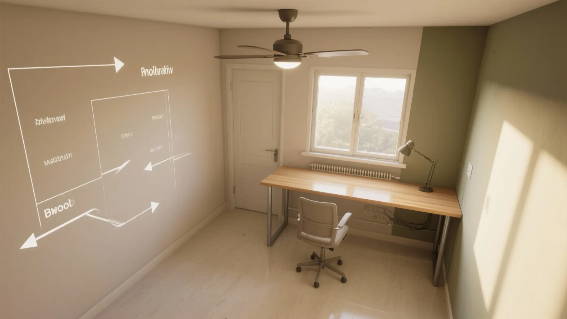 Interior design drawing with study desk and chair projected on wall in small home office