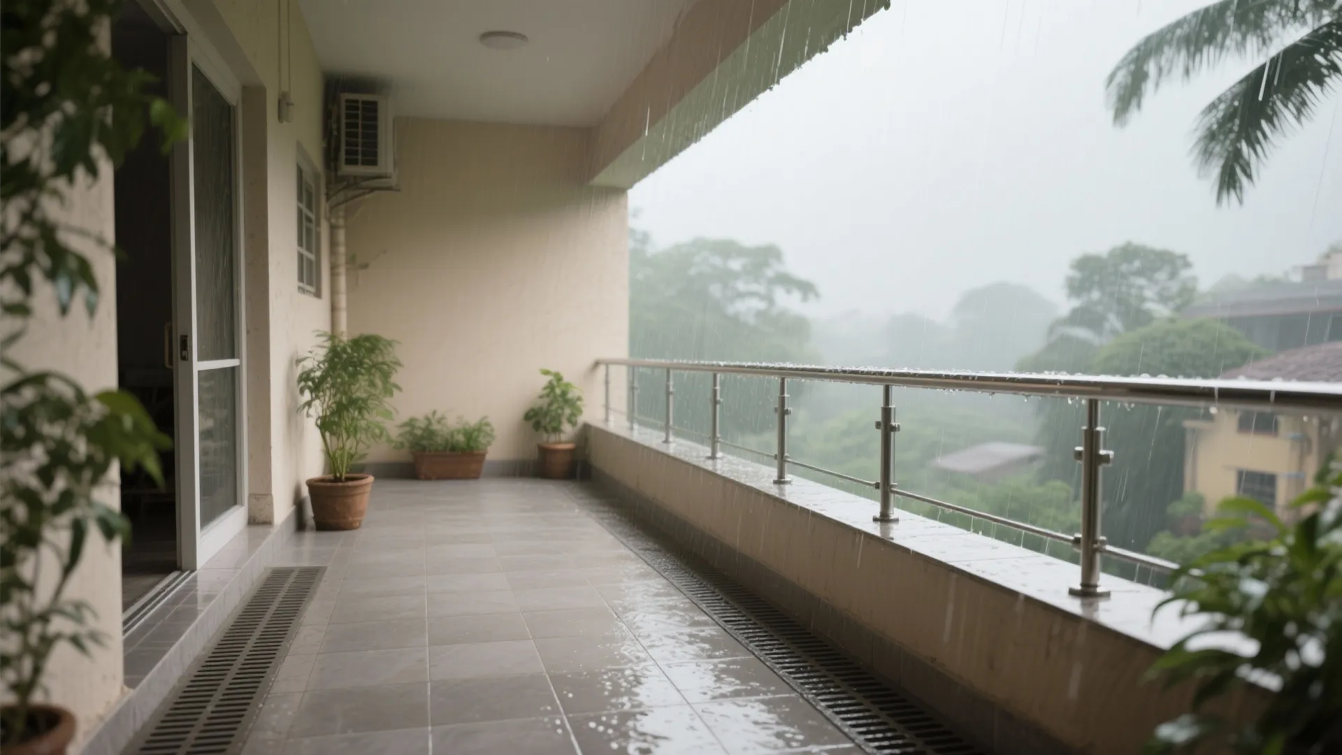 Rain falling on a long balcony with grey floor tiles green potted plants and metal railing