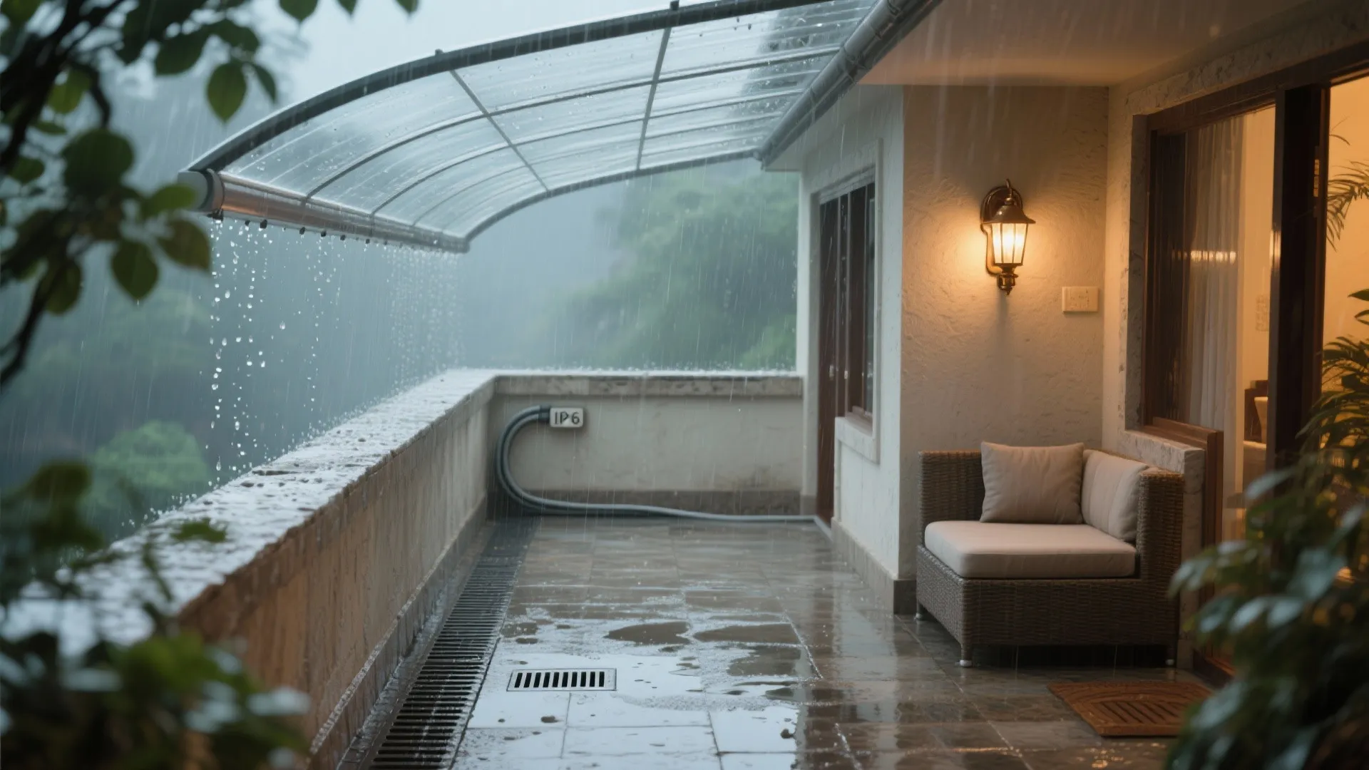 Wet balcony in heavy rain with outdoor sofa, wall light, glass roof and floor water drain