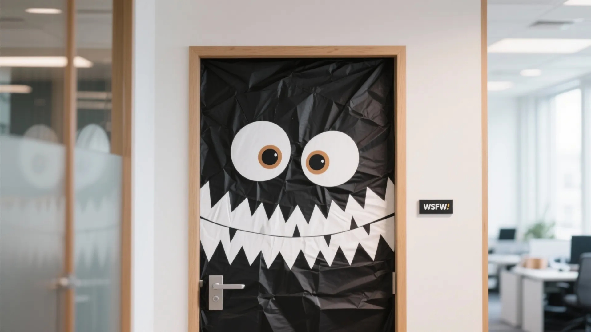 Office door covered in black paper with large white eyes and sharp teeth monster face