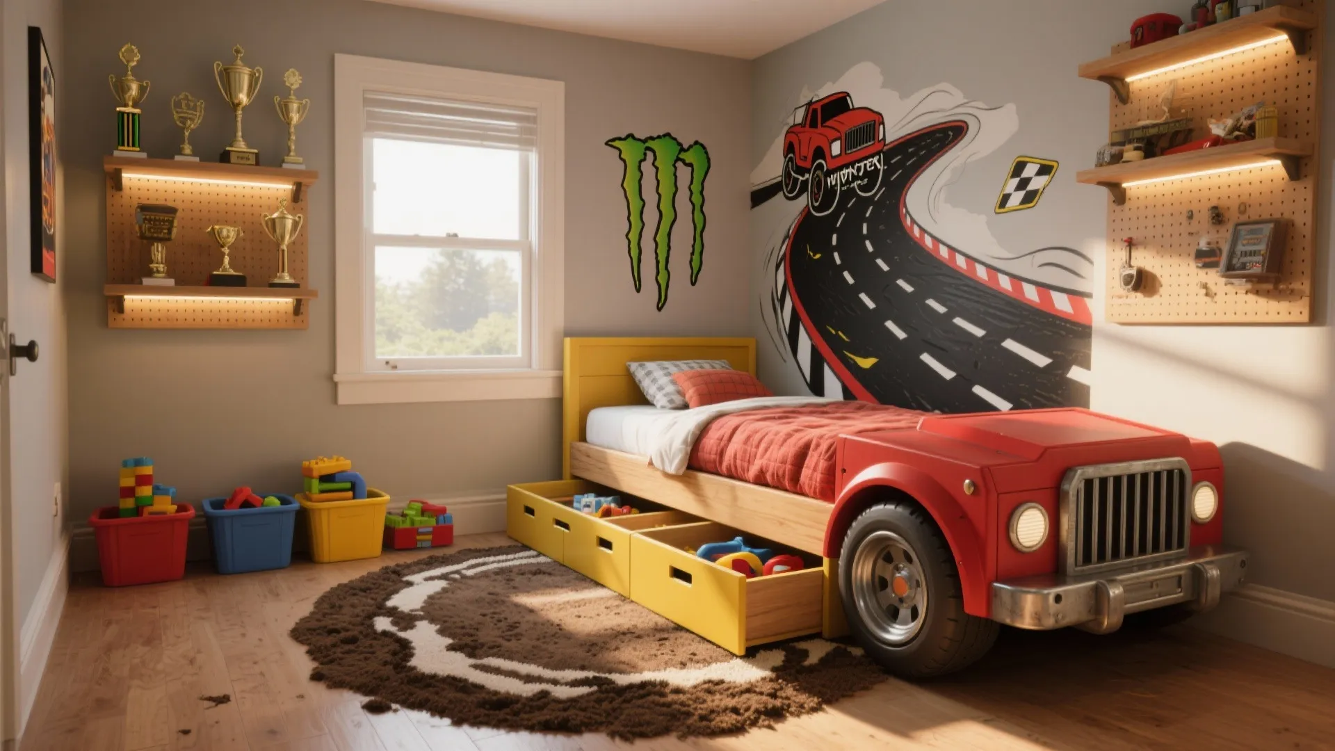 Racing themed bedroom featuring car shaped bed with storage wall mural trophies and round brown rug