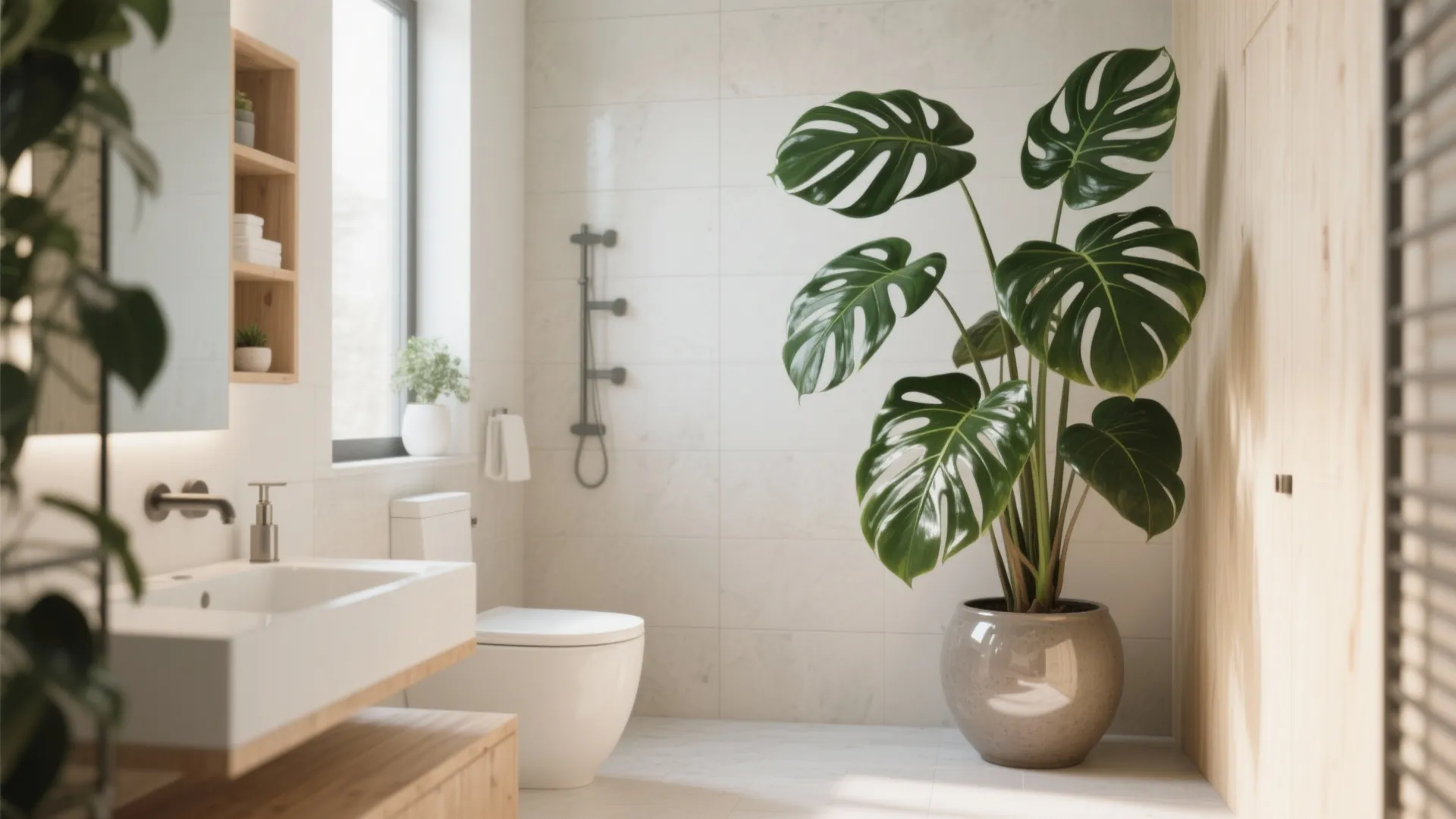 White bathroom interior featuring a large green plant white sink wooden cabinet and a wall toilet