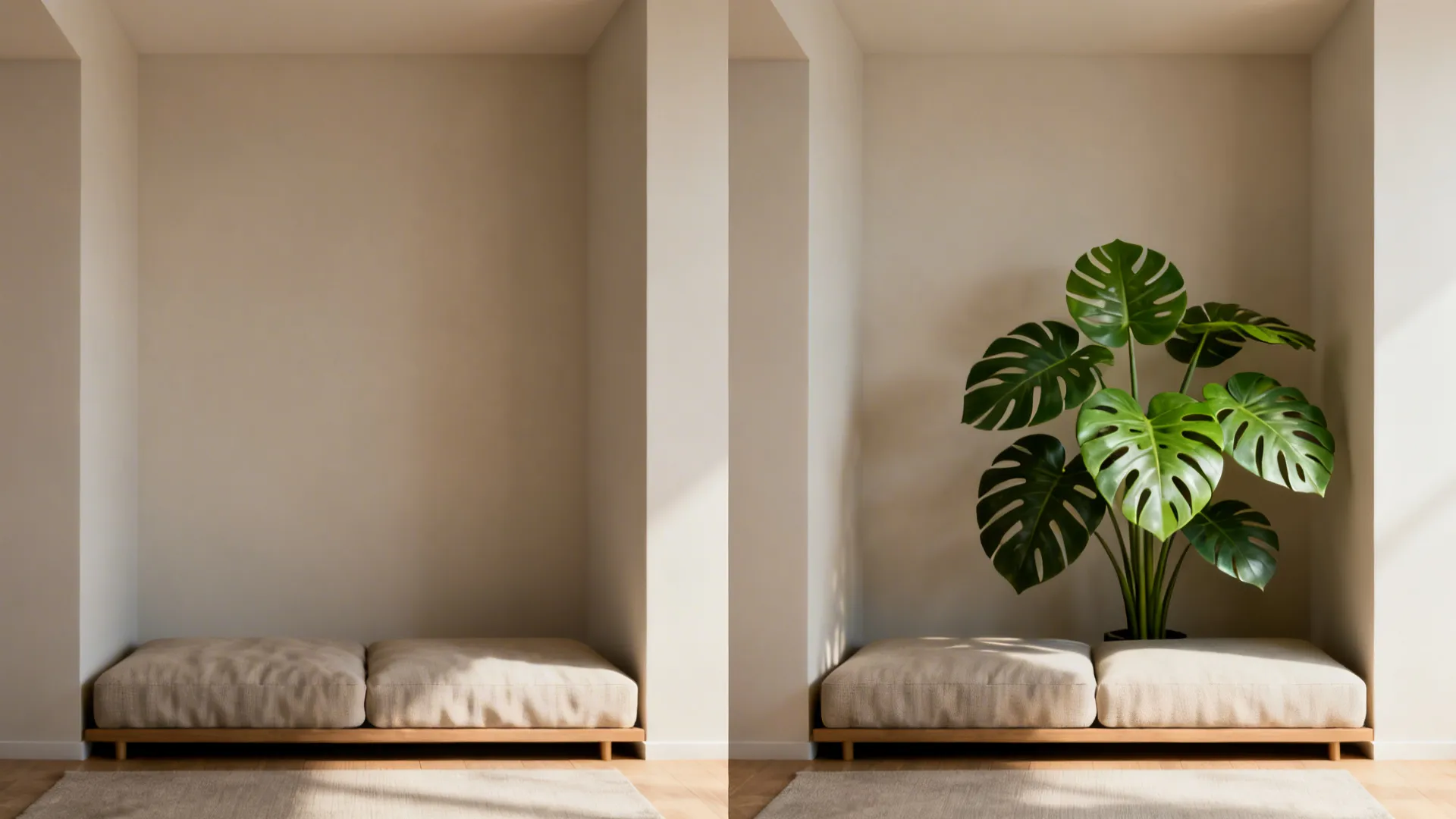 Before and after showing a small living room transformed by a compact artificial Monstera behind seating