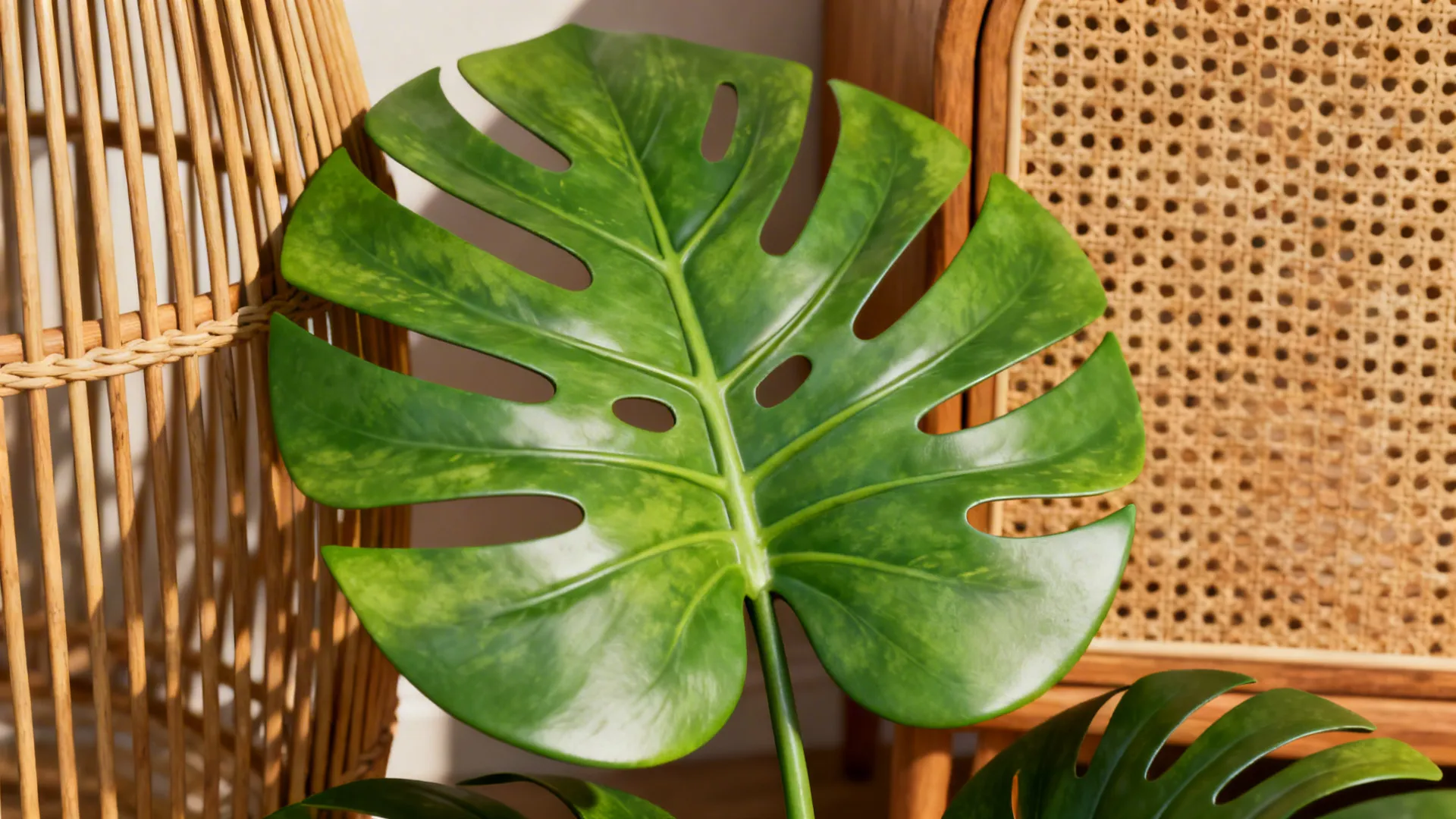 Close-up of a faux monstera with split leaves beside rattan furniture