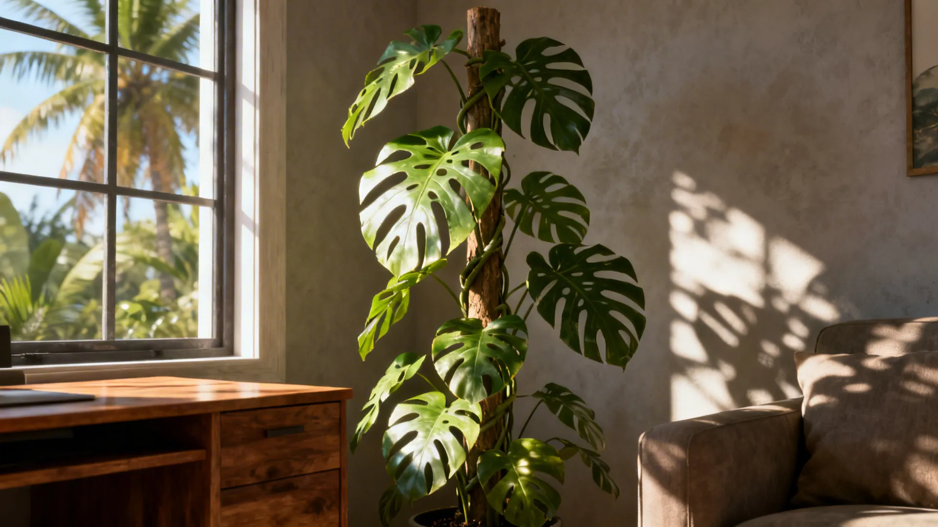 Small living room with a trained Monstera deliciosa stake, split leaves catching dappled daylight.