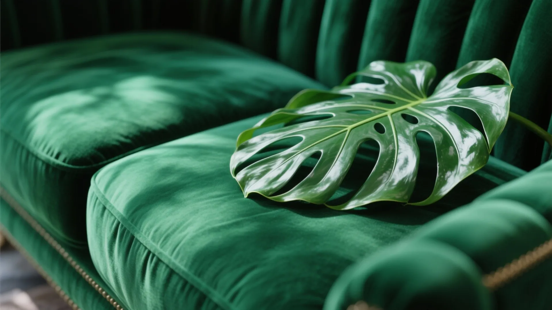 Large green leaf resting on a green velvet sofa with sunlight and shadows in a room