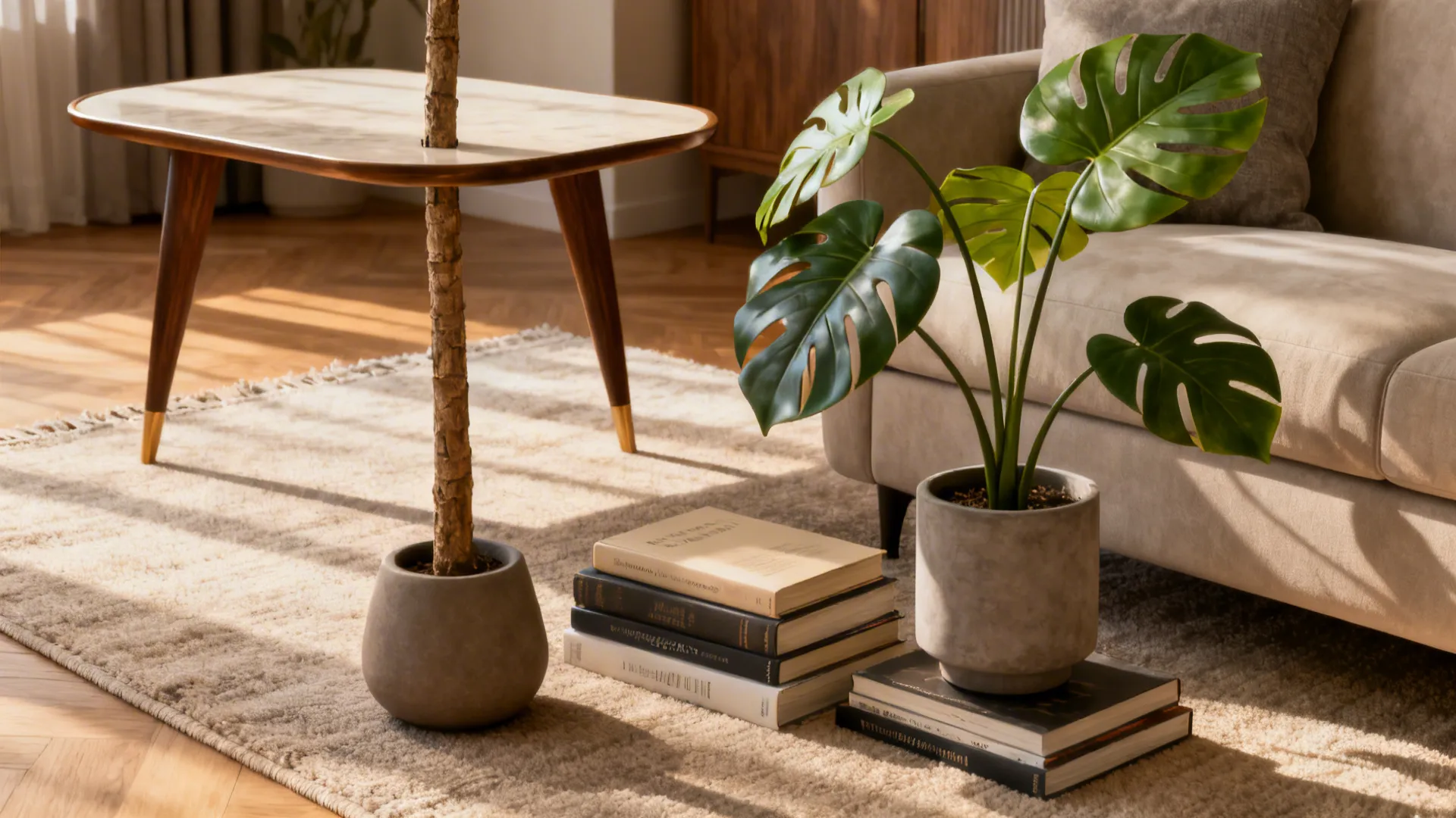 Small living room with an artificial monstera on a slim trunk next to a stack of books