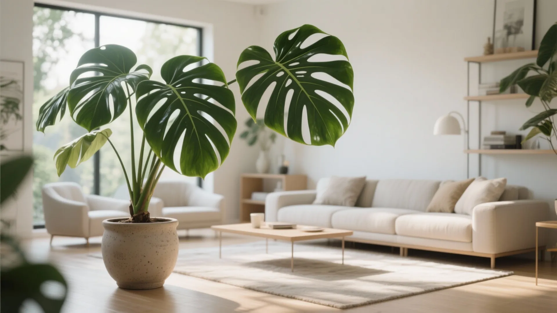 Monstera deliciosa plant creating a tropical feel in a living room