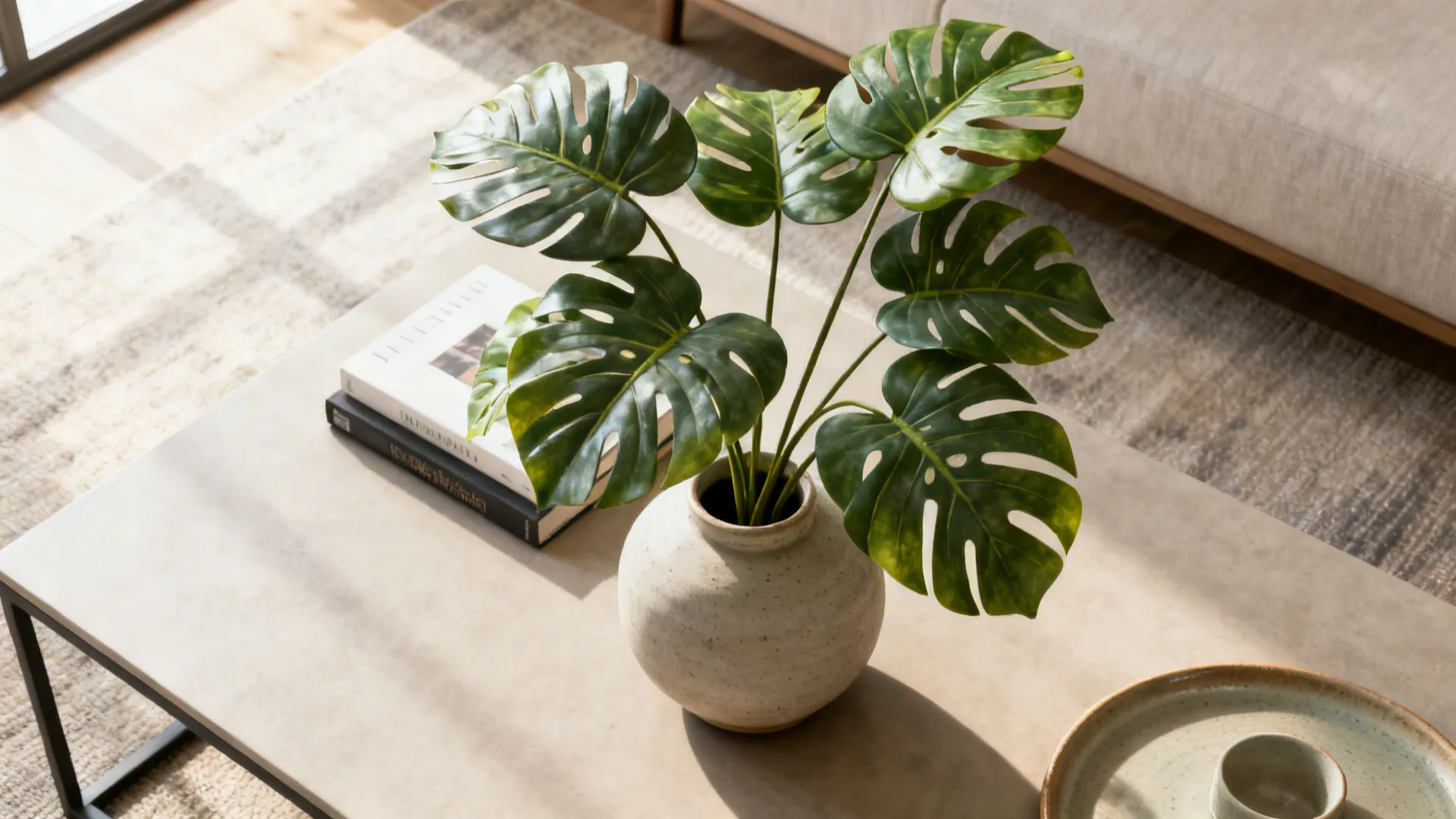 2. Lush Monstera Stems in a Low Vase