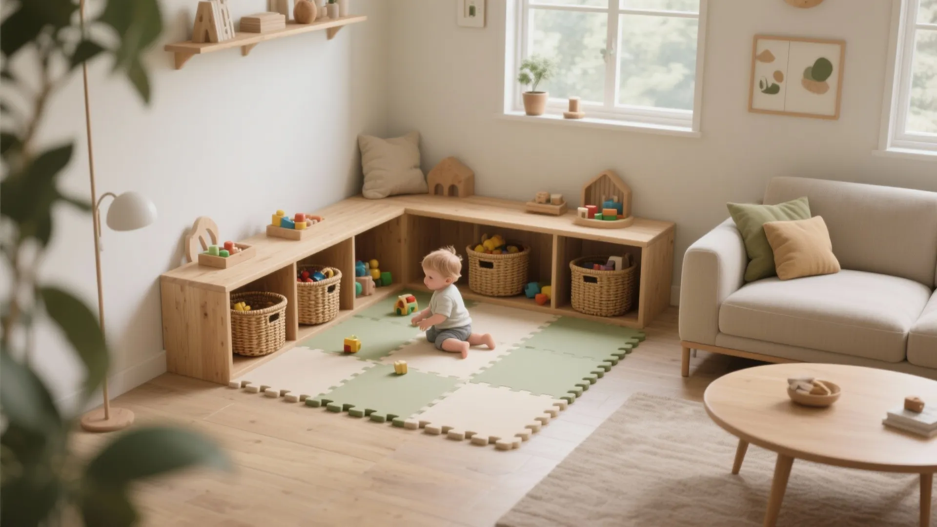 Montessori-friendly corner zoning with soft mats