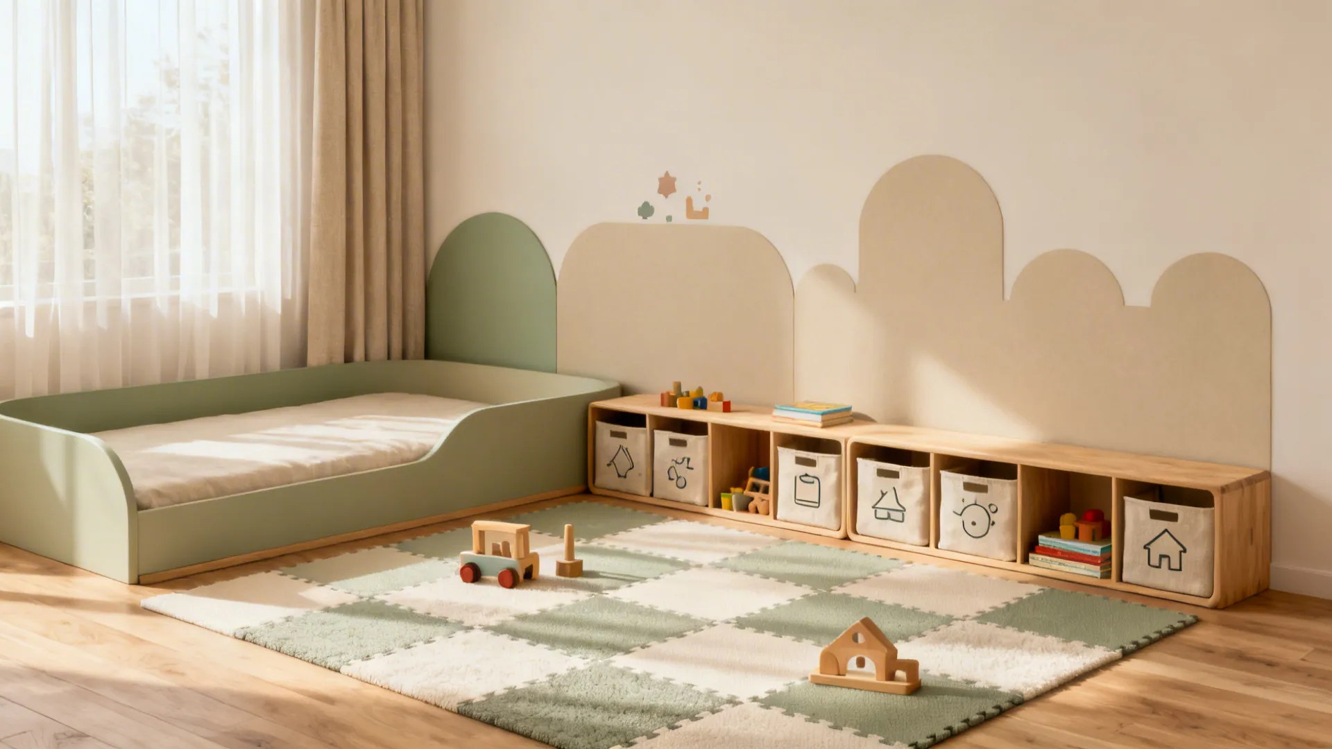 Montessori-inspired kids room with low bed, open shelves, and a soft floor play zone in neutral tones.