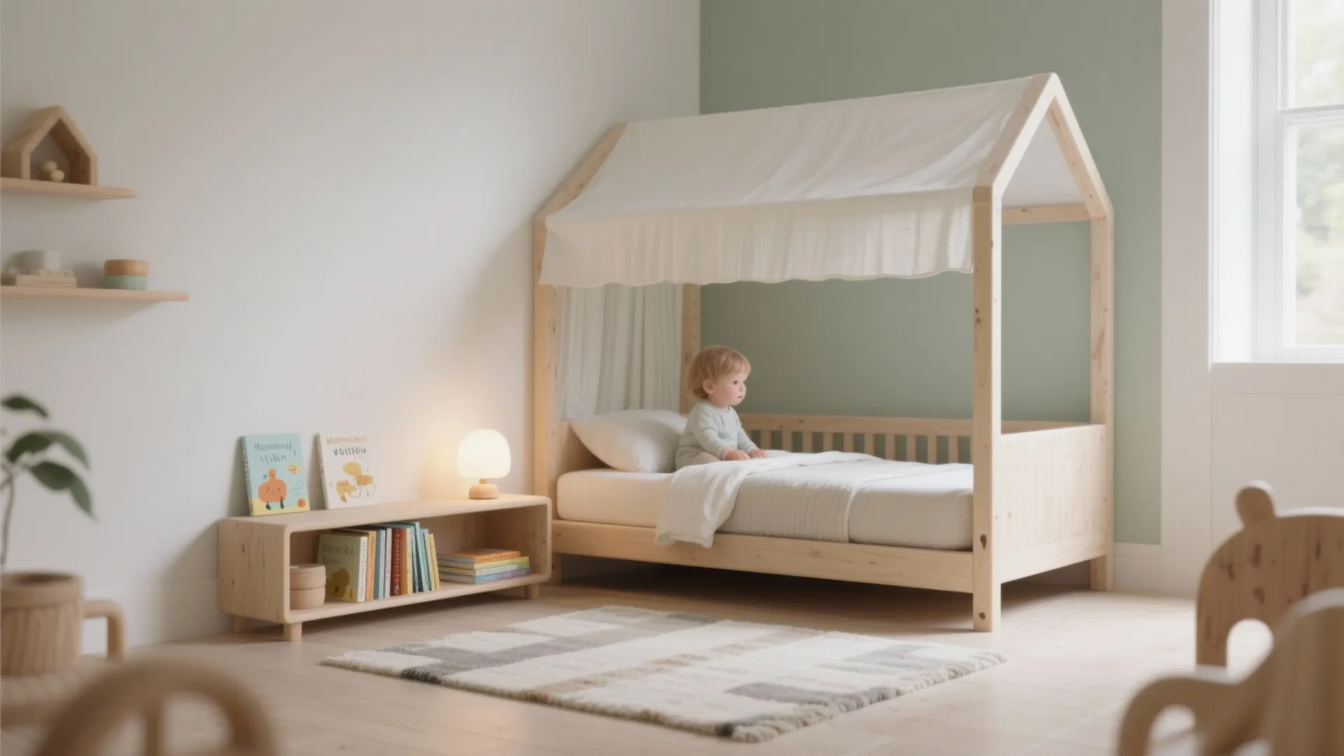 Montessori floor bed with airy cotton canopy and low shelf in a calm toddler room
