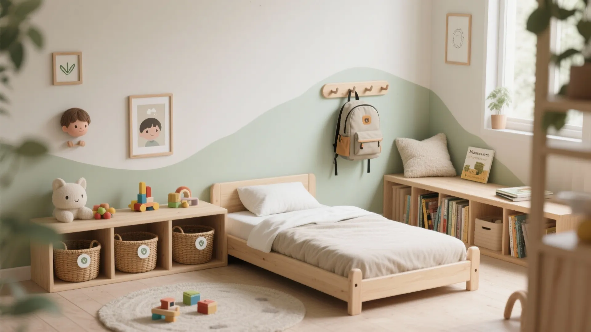 Cozy kids bedroom with single wooden bed green wall mountain mural low shelving and colorful toys
