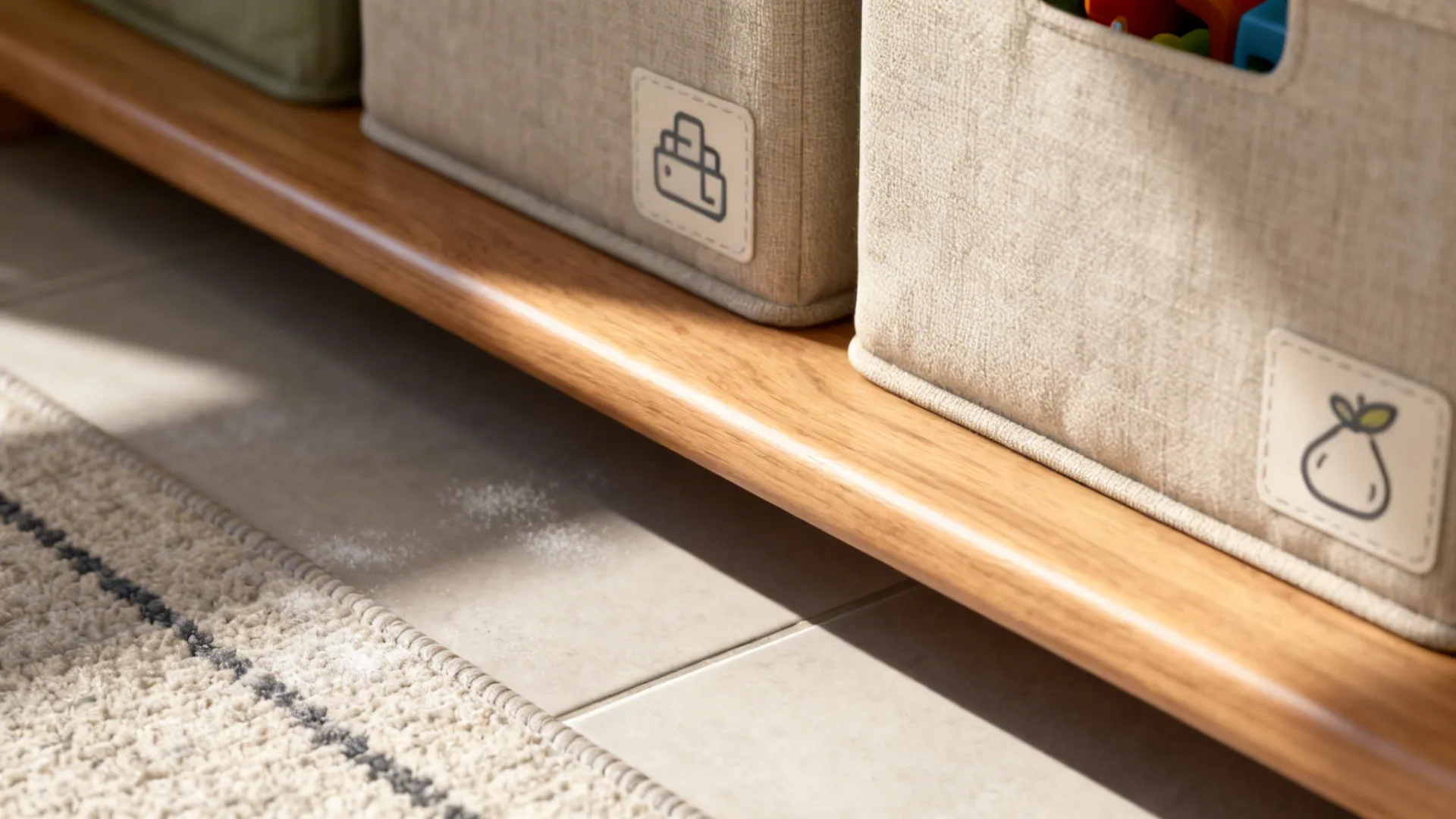 Macro of rounded oak shelf with labeled fabric bins and soft rug tiles.