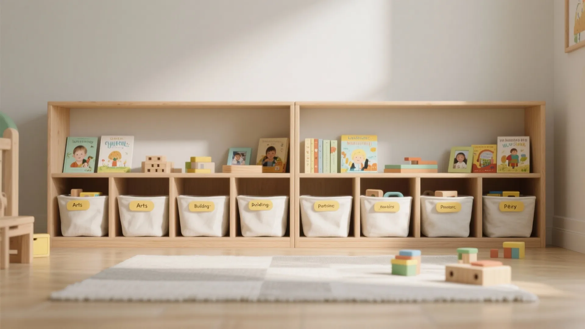 Montessori-inspired low shelves with labeled bins