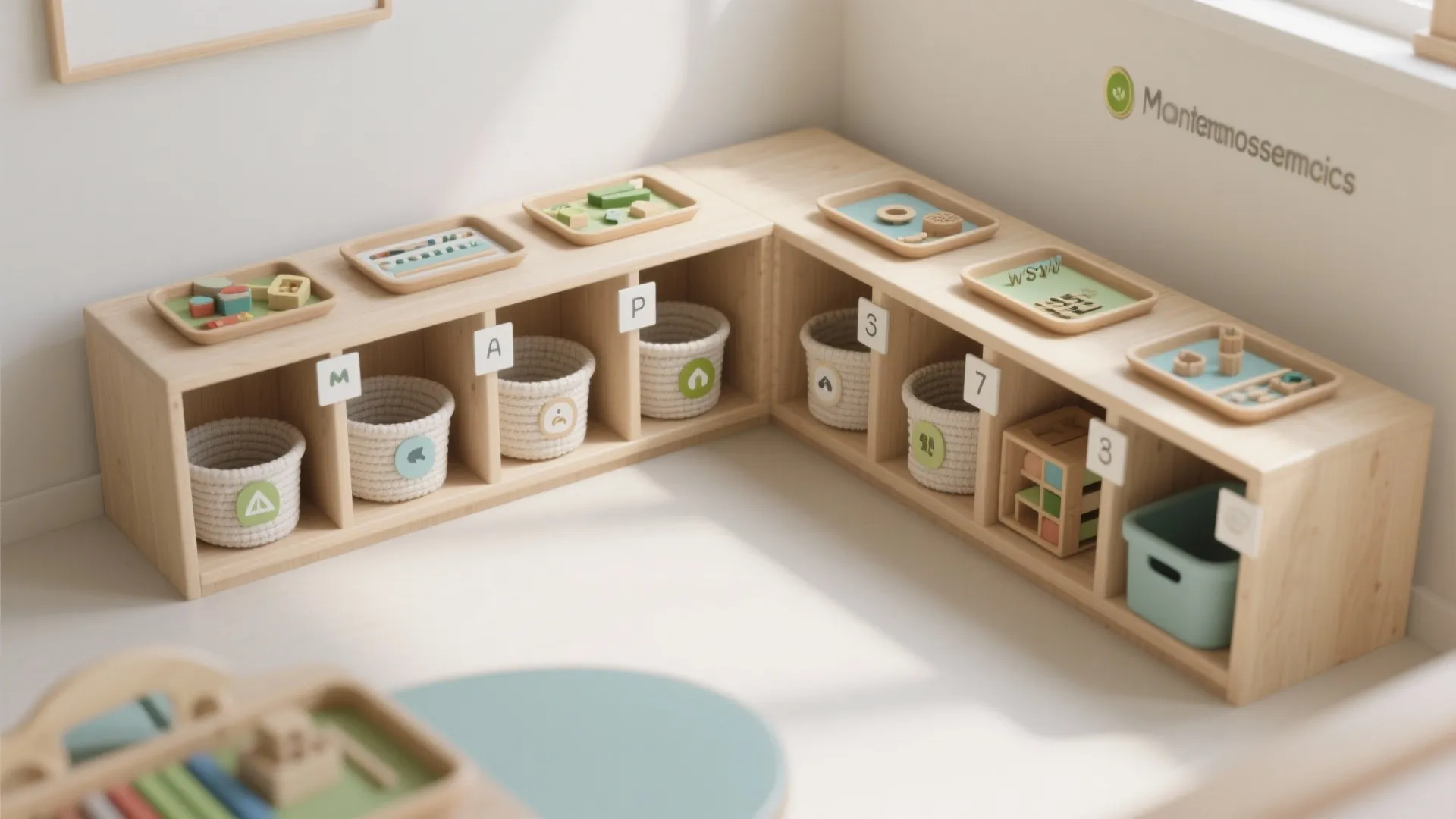 Low wooden storage unit with baskets and trays for organizing toys in a bright playroom layout