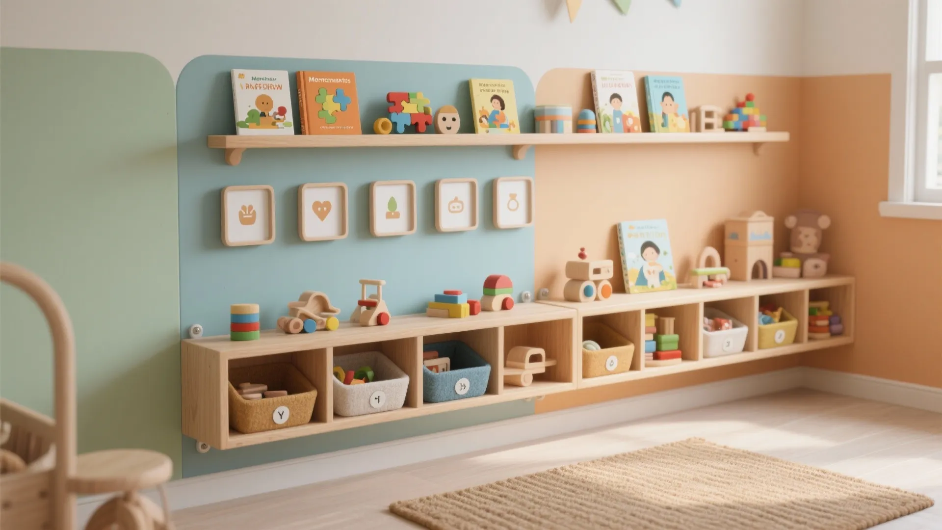Kids playroom with wooden shelves storage bins books and colorful wall panels in soft sunlight