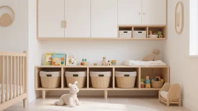 Calm Nursery with Wooden Storage and Neutral Tones
