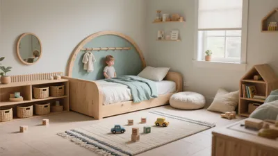 Calm Nordic Children’s Room with Wooden Furniture