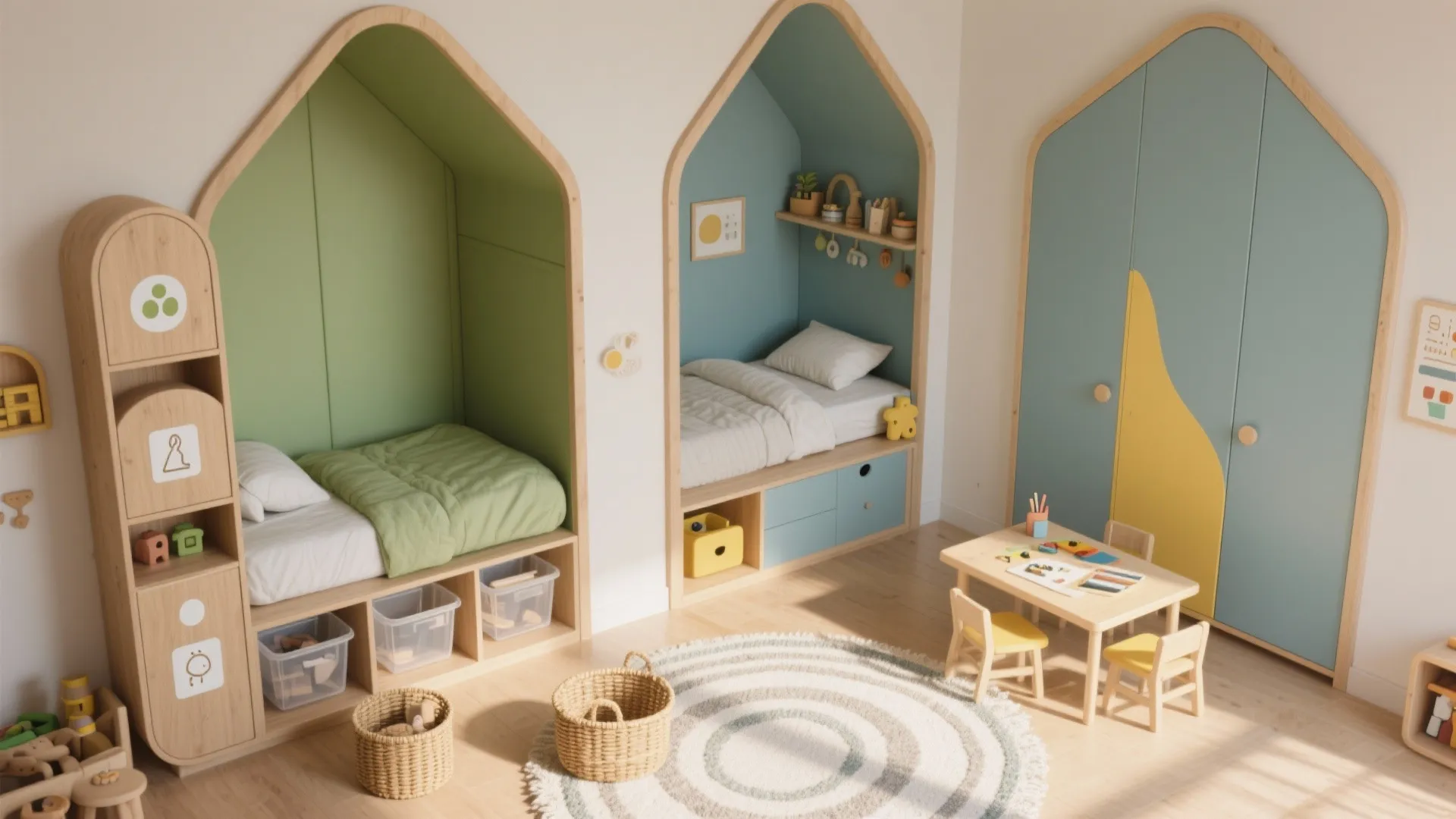 Modern kids room with house shaped built-in beds small table chairs and round patterned rug