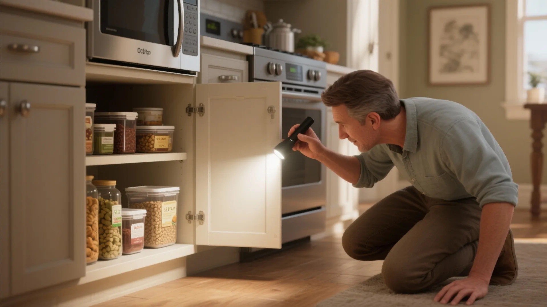 Man kneeling on kitchen floor using a flashlight to inspect inside of open white cabinet