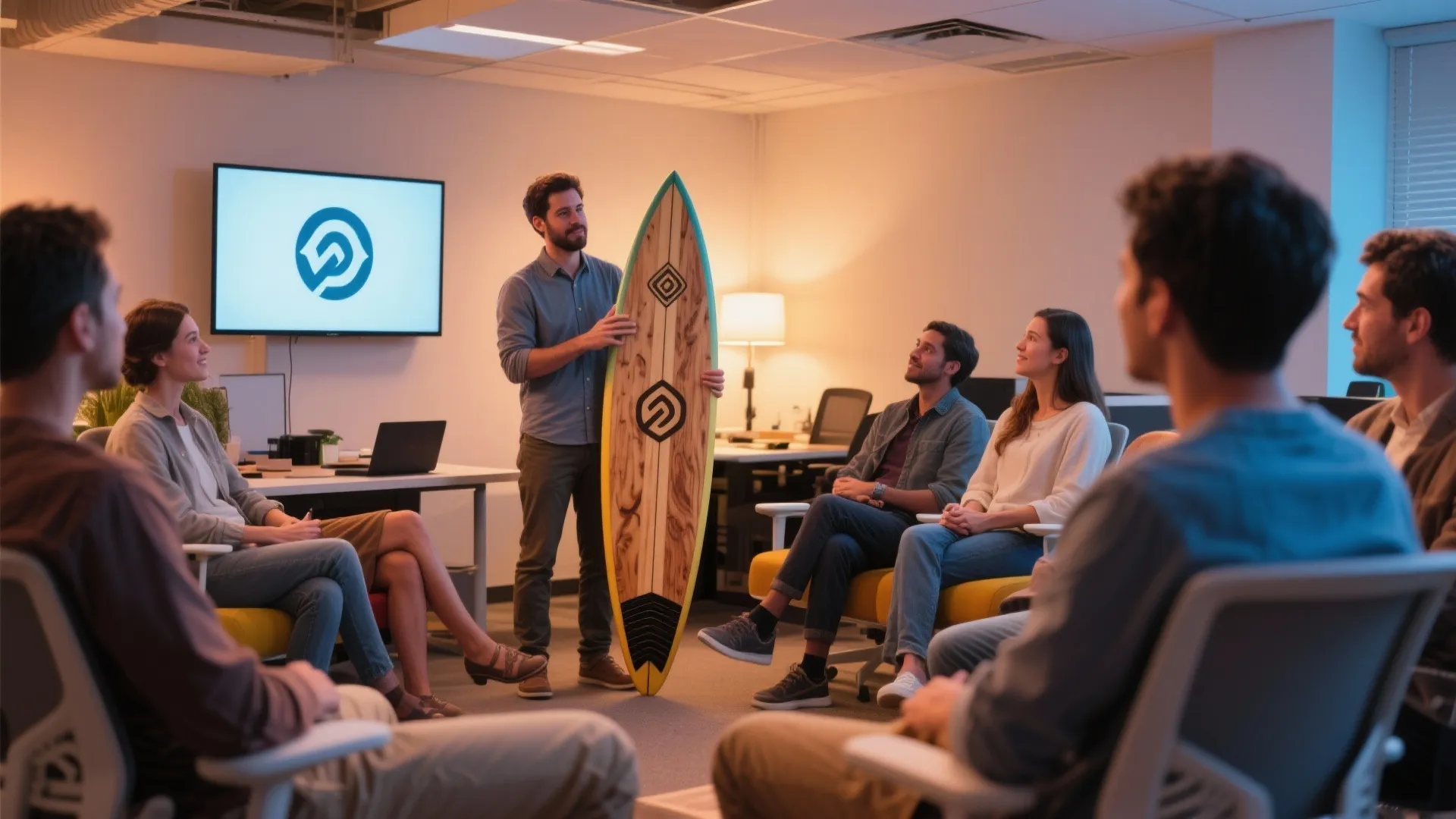 Man presenting a wooden surfboard to a group of people sitting in a modern office
