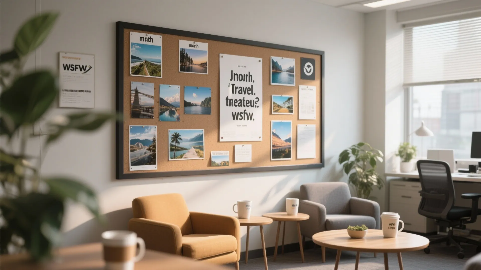 Cozy office break room with yellow armchairs wooden coffee tables and a large travel theme board