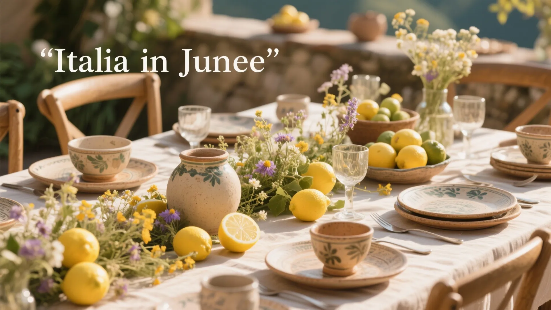 Outdoor dining table with lemons purple flowers ceramic plates and glassware under sunny Italian sky