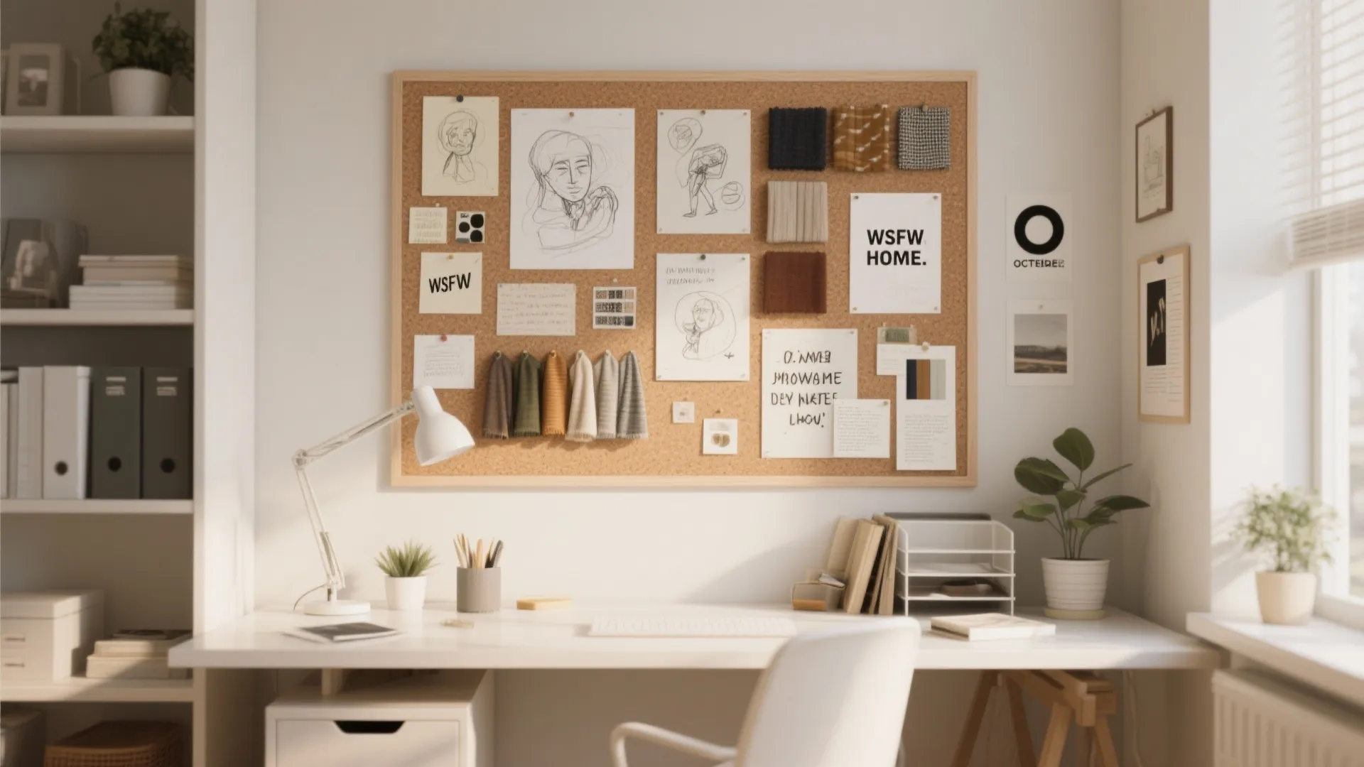 Bright home office with white desk cork board for design ideas and a white desk lamp