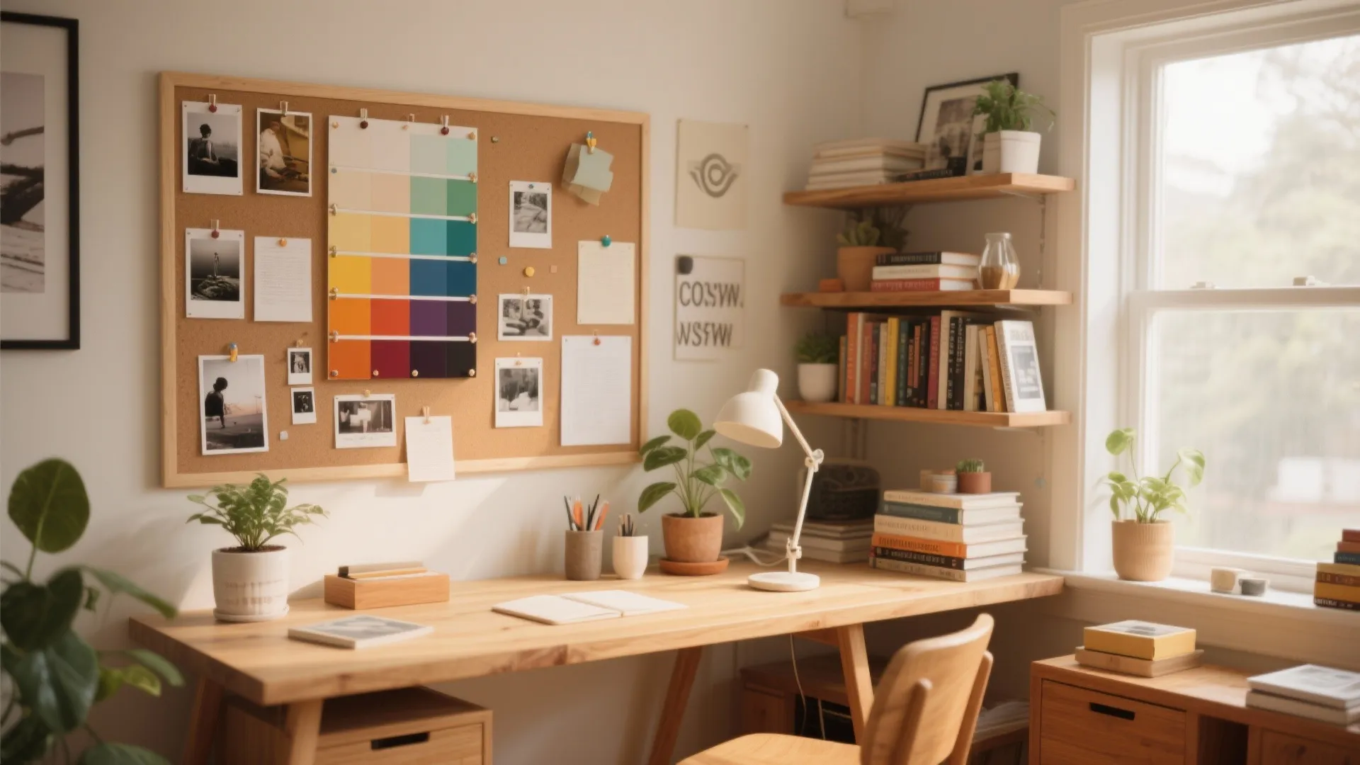 Mood board with shelves and decorative items in office