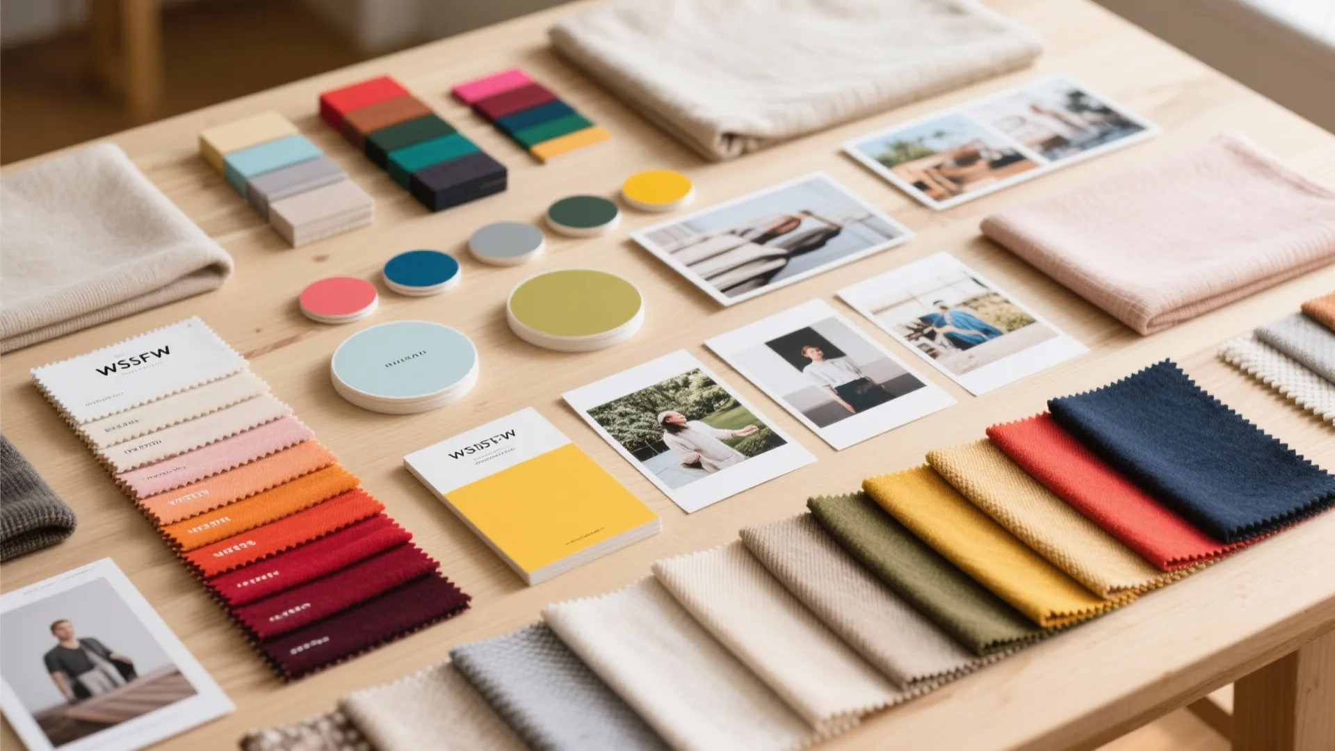 Interior design mood board on wooden table with fabric swatches color samples and portrait photos