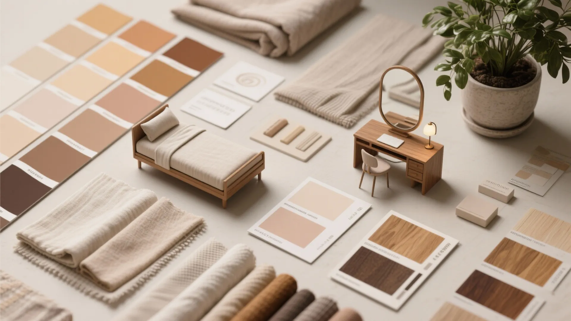 Interior design mood board with color samples fabric swatches miniature bed desk and green plant