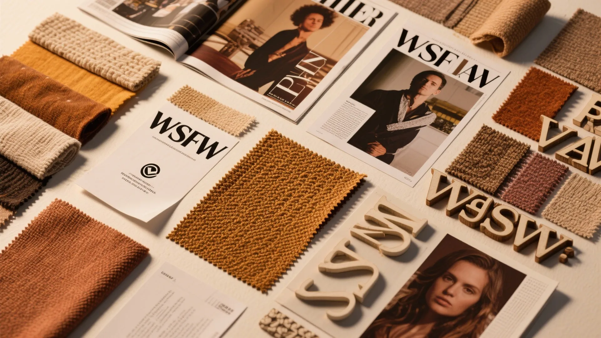 Interior design mood board with fabric samples, fashion magazines, wooden letters, and textured textile swatches